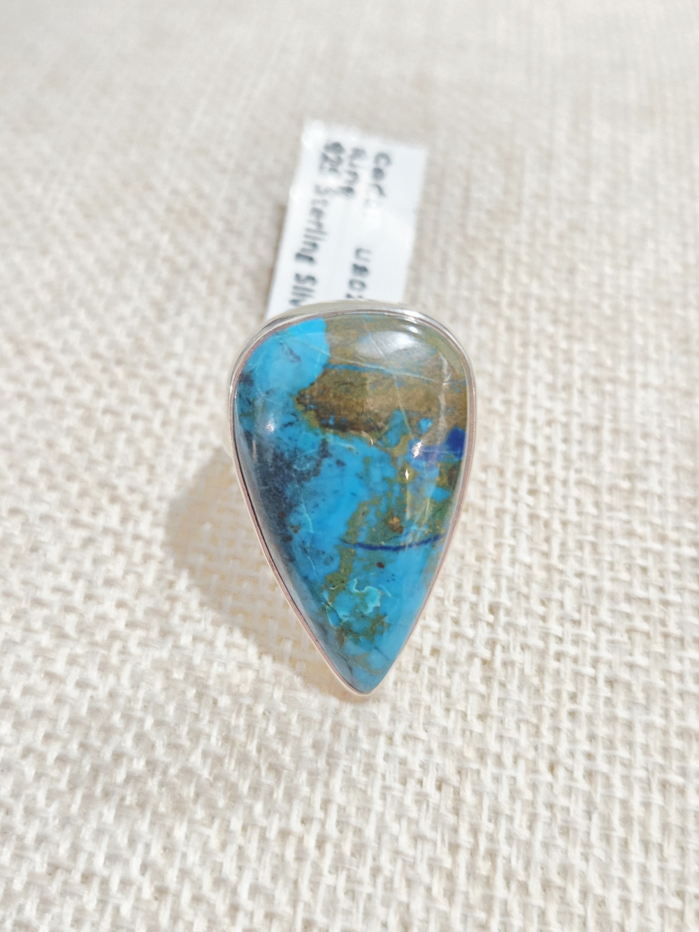Sterling Silver Teardrop Shattuckite Turquoise Ring - Blue Green Stone